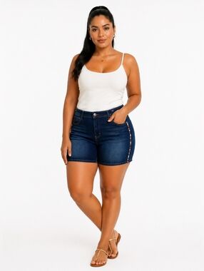 EV1 Women’s Denim Shorts Size 14 Alex Relaxed Vintage Stretch Embroidered Side.